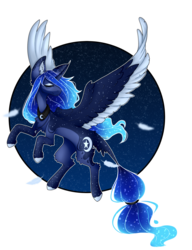 Size: 1641x2135 | Tagged: safe, artist:foxlove253, princess luna, alicorn, pony, g4, alternate cutie mark, circle background, colored hooves, curved horn, ethereal mane, female, flying, horn, rearing, simple background, solo, starry mane, starry wings, transparent background