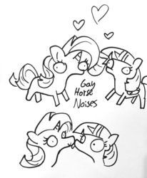 Size: 1280x1552 | Tagged: safe, artist:tjpones, rarity, twilight sparkle, alicorn, pony, unicorn, g4, black and white, descriptive noise, female, grayscale, heart, horse noises, lesbian, licking, majestic as fuck, mare, monochrome, ship:rarilight, shipping, simple background, stylistic suck, tongue out, twilight sparkle (alicorn)