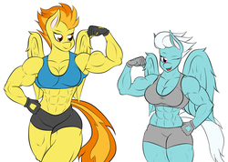 Size: 2349x1676 | Tagged: safe, artist:calm wind, artist:matchstickman, edit, fleetfoot, spitfire, anthro, g4, 1000 years in photoshop, abs, armpits, biceps, breasts, busty fleetfoot, busty spitfire, cleavage, clothes, fitfire, fleetflex, flexing, gloves, midriff, muscles, one eye closed, sports bra, wonderbolts, workout outfit