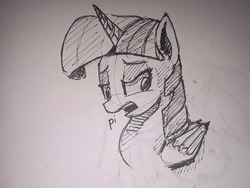 Size: 1030x773 | Tagged: safe, artist:post-it, twilight sparkle, alicorn, pony, g4, bust, female, ink drawing, inktober, lidded eyes, looking away, mare, monochrome, open mouth, simple background, sketch, solo, traditional art, twilight sparkle (alicorn), white background