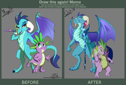 Size: 4572x3070 | Tagged: safe, artist:archaspect, artist:elicitie, princess ember, spike, dragon, g4, art evolution, bloodstone scepter, comparison, dragoness, draw this again, duo, female, gray background, high res, male, redraw, simple background, smiling, smirk, winged spike, wings