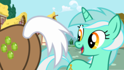 Size: 800x451 | Tagged: safe, lyra heartstrings, mochaccino, rare find, pony, unicorn, g4, butt, cloud, eyes on the prize, female, house, looking at butt, looking at something, male, mare, open mouth, plot, ponyville, smiling, stallion