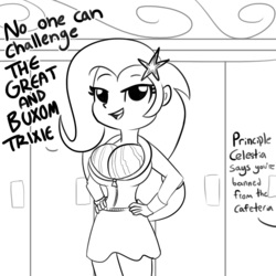 Size: 1280x1280 | Tagged: safe, artist:tjpones, trixie, equestria girls, g4, black and white, breasts, clothes, dialogue, fake breasts, female, food, funny, grayscale, hoodie, melon, misspelling, monochrome, offscreen character, sketch, solo, watermelon