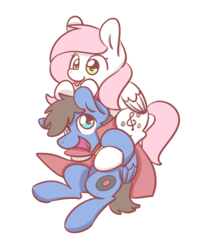 Size: 1024x1280 | Tagged: safe, artist:sugar morning, oc, oc only, oc:bizarre song, oc:sugar morning, pegasus, pony, best friend, bff, cape, chibi, clothes, cute, duo, female, male, mare, piggyback ride, ponies riding ponies, riding, simple background, stallion, sticker, sugarre, transparent background