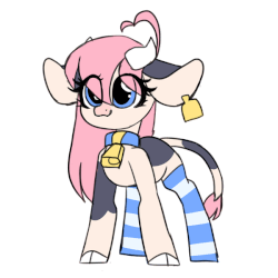 Size: 600x600 | Tagged: safe, artist:php172, oc, oc:maybelle, cow, animated, bell, clothes, cloven hooves, collar, cowbell, cute, ear piercing, earring, eyes closed, female, frame by frame, horns, jewelry, mare, markings, moo, piercing, socks, striped socks, tail wag, thigh highs