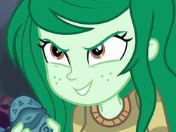 Size: 1437x1078 | Tagged: safe, screencap, wallflower blush, equestria girls, equestria girls specials, g4, my little pony equestria girls: better together, my little pony equestria girls: forgotten friendship, cropped, evil grin, female, grin, memory stone, smiling, solo