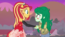 Size: 1920x1080 | Tagged: safe, screencap, sunset shimmer, wallflower blush, equestria girls, equestria girls series, forgotten friendship, g4, blushing, duo, female, holding hands, looking at you, ponied up, shipping fuel, super ponied up