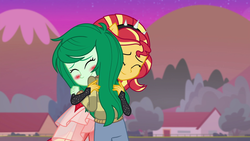 Size: 1920x1080 | Tagged: safe, screencap, sunset shimmer, wallflower blush, equestria girls, equestria girls specials, g4, my little pony equestria girls: better together, my little pony equestria girls: forgotten friendship, blushing, cute, downvote, downvote bait, duo, female, flowerbetes, house, hug, shimmerbetes, super ponied up