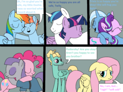 Size: 1024x765 | Tagged: safe, artist:didgereethebrony, fluttershy, maud pie, pinkie pie, rainbow dash, shining armor, starlight glimmer, trixie, twilight sparkle, windy whistles, zephyr breeze, alicorn, pony, comic:wreck of the renaissance, g4, bbbff, brother and sister, comic, cuddling, cutie mark, family, female, hug, male, mother and daughter, siblings, sisters, twilight sparkle (alicorn)