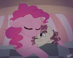 Size: 1600x1280 | Tagged: safe, artist:scorpion-89, pinkie pie, oc, oc:vanilla, pony, g4, bed, cuddling, duo, female, filly, floppy ears, mare, mother and daughter, offspring, one eye closed, parent:cheese sandwich, parent:pinkie pie, parents:cheesepie, sleeping, smiling