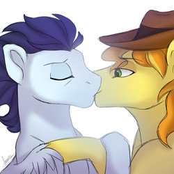 Size: 1024x1024 | Tagged: safe, artist:scorpion-89, braeburn, soarin', earth pony, pegasus, pony, g4, cowboy hat, duo, eyes closed, gay, hat, kiss on the lips, kissing, lidded eyes, male, ship:soarburn, shipping, simple background, stallion, white background