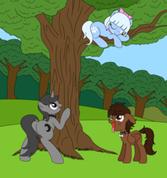 Size: 1871x2000 | Tagged: safe, artist:linedraweer, oc, oc only, oc:angel, oc:howl, oc:mocha, earth pony, pegasus, pony, unicorn, barking, behaving like a cat, behaving like a dog, bow, butt, collar, commission, fangs, female, horn, mare, park, pet play, plot, relaxed, relaxing, tongue out, tree, wings