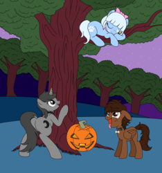 Size: 1871x2000 | Tagged: safe, artist:linedraweer, oc, oc only, oc:angel, oc:howl, oc:mocha, earth pony, pegasus, pony, unicorn, barking, behaving like a cat, behaving like a dog, bow, butt, collar, commission, fangs, female, halloween, holiday, horn, jack-o-lantern, mare, park, pet play, plot, pumpkin, relaxed, relaxing, tongue out, tree, wings