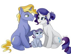 Size: 1024x788 | Tagged: safe, artist:scorpion-89, ponet, rarity, oc, oc:francis, g4, alternate hairstyle, cutie mark, family, female, lidded eyes, looking at each other, male, offspring, parent:ponet, parent:rarity, pority, simple background, sitting, smiling, straight, white background