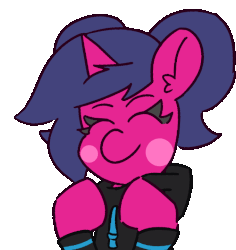 Size: 680x720 | Tagged: safe, artist:threetwotwo32232, oc, oc:fizzy pop, pony, unicorn, animated, blushing, clapping, clothes, female, gif, hoodie, mare, simple background, solo, transparent background