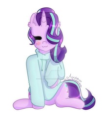 Size: 900x1065 | Tagged: safe, artist:shimmerfoxmomo, starlight glimmer, pony, unicorn, g4, clothes, female, hoodie, obtrusive watermark, solo, watermark
