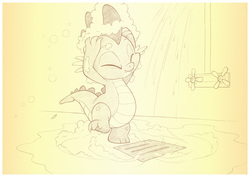 Size: 1042x737 | Tagged: safe, artist:sherwoodwhisper, spike, dragon, g4, baby, baby dragon, bathing, bubble, claws, cute, drain, eyes closed, fangs, knob, male, shower, signature, simple background, smiling, soap, solo, spikabetes, suds, water