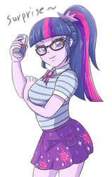 Size: 1865x2937 | Tagged: safe, artist:sumin6301, sci-twi, twilight sparkle, equestria girls, equestria girls series, g4, clothes, energy drink, female, geode of telekinesis, glasses, looking at you, magical geodes, red bull, simple background, skirt, smiling, solo, white background
