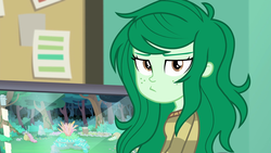 Size: 1920x1080 | Tagged: safe, screencap, wallflower blush, equestria girls, equestria girls specials, g4, my little pony equestria girls: better together, my little pony equestria girls: forgotten friendship, computer, female, garden, looking at you, pouting, solo, unamused