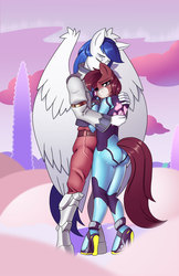 Size: 2108x3249 | Tagged: safe, artist:chacrawarrior, oc, oc only, anthro, anthro oc, clothes, commission, costume, crossover, female, fox mccloud, high res, hug, male, mare, metroid, oc x oc, samus aran, shipping, stallion, star fox, straight, zero suit