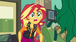 Size: 1920x1080 | Tagged: safe, screencap, sunset shimmer, wallflower blush, equestria girls, equestria girls series, forgotten friendship, g4, angry, clothes, duo, female, geode of empathy, jacket, skirt