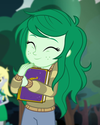 Size: 730x918 | Tagged: safe, screencap, derpy hooves, wallflower blush, equestria girls, equestria girls specials, g4, my little pony equestria girls: better together, my little pony equestria girls: forgotten friendship, ^^, cropped, cute, eyes closed, female, flowerbetes, happy, solo focus, yearbook