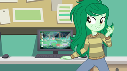Size: 1920x1080 | Tagged: safe, screencap, wallflower blush, equestria girls, equestria girls series, forgotten friendship, g4, canterlot high, clothes, computer, female, freckles, keyboard, pants, smiling, solo, sweater