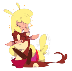 Size: 2000x1979 | Tagged: safe, artist:ogaraorcynder, arizona (tfh), paprika (tfh), alpaca, cow, them's fightin' herds, bandana, blushing, bust, cloven hooves, community related, cute, eyes closed, female, heart, hug, lesbian, paprizona, shipping, simple background, sketch, smiling, tail wag, white background