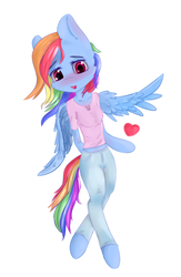 Size: 3764x5787 | Tagged: safe, artist:generallegion, rainbow dash, pegasus, anthro, unguligrade anthro, g4, arm hooves, blushing, clothes, female, heart, jeans, mare, pants, solo, wings