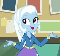 Size: 693x652 | Tagged: safe, screencap, trixie, equestria girls, equestria girls specials, g4, my little pony equestria girls: better together, my little pony equestria girls: forgotten friendship, clothes, cropped, cute, diatrixes, female, hoodie, skirt, smiling, solo