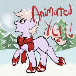 Size: 800x800 | Tagged: safe, artist:lannielona, pony, advertisement, animated, boots, breath, christmas, clothes, commission, female, holiday, mare, scarf, shoes, sketch, snow, snowfall, solo, tree, winter, your character here
