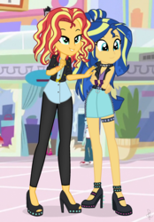 Size: 1660x2390 | Tagged: safe, artist:ilaria122, curly winds, some blue guy, sunset shimmer, oc, oc:shining swirls, equestria girls, g4, canterlot mall, choker, clothes, denim skirt, geode of empathy, high heels, jacket, jewelry, leather jacket, leather leggings, magical geodes, mama sunset, miniskirt, necklace, next generation, offspring, older sunset, parent:flash sentry, parent:sunset shimmer, parents:flashimmer, shirt, shoes, shopping, short hair, simple background, skirt, smiling, spiked choker, spiked headband