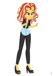 Size: 1660x2390 | Tagged: safe, artist:ilaria122, sunset shimmer, equestria girls, g4, alternate hairstyle, bracelet, clothes, geode of empathy, high heels, jacket, jewelry, leather jacket, leather leggings, magical geodes, necklace, older sunset, shirt, shoes, short hair, simple background, smiling, solo, transparent background, vector