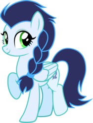 Size: 1507x2000 | Tagged: safe, artist:whalepornoz, soarin', pegasus, pony, g4, braid, female, glide, mare, raised hoof, rule 63, simple background, smiling, solo, transparent background
