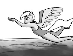 Size: 1280x989 | Tagged: safe, artist:warskunk, oc, oc only, oc:windswept skies, pegasus, anthro, anthro oc, black and white, braid, clothes, collar, crossdressing, diving, grayscale, male, monochrome, one-piece swimsuit, solo, stallion, swimsuit