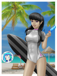 Size: 1200x1600 | Tagged: safe, artist:magarnadge, dj pon-3, octavia melody, vinyl scratch, human, g4, abs, beach, blood, breasts, clothes, female, food, humanized, lesbian, nosebleed, one-piece swimsuit, popsicle, ship:scratchtavia, shipping, smiling, surfboard, swimsuit, wetsuit
