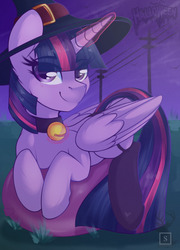 Size: 1280x1773 | Tagged: safe, artist:php97, twilight sparkle, alicorn, pony, g4, adorasexy, balloon, bell, bell collar, clothes, collar, cute, female, halloween, hat, holiday, power line, sexy, socks, solo, that pony sure does love balloons, twilight sparkle (alicorn), witch hat