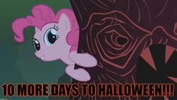 Size: 1280x720 | Tagged: safe, edit, edited screencap, editor:useraccount, screencap, pinkie pie, earth pony, pony, friendship is magic, g4, season 1, countdown, excessive exclamation marks, female, halloween, holiday, image macro, laughter song, meme, scary tree, solo, text, tree, truth