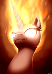 Size: 1240x1754 | Tagged: dead source, safe, artist:jeki, princess celestia, alicorn, pony, g4, bust, female, fire, glowing eyes, glowing horn, horn, mare, smiling, solo