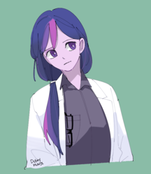 Size: 603x697 | Tagged: safe, artist:dusty-munji, sci-twi, twilight sparkle, human, equestria girls, g4, alternate hairstyle, clothes, female, glasses, humanized, lab coat, simple background, solo