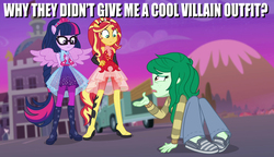 Size: 1872x1080 | Tagged: safe, edit, edited screencap, screencap, sci-twi, sunset shimmer, twilight sparkle, wallflower blush, equestria girls, equestria girls series, forgotten friendship, g4, female, ponied up, sci-twilicorn, striped sweater, super ponied up, wings