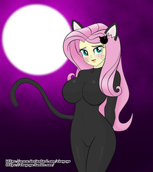 Size: 3010x3371 | Tagged: safe, artist:chuyryu, fluttershy, human, equestria girls, g4, adorasexy, animal costume, big breasts, blushing, breasts, busty fluttershy, cat costume, cat ears, cat tail, catgirl, catsuit, clothes, costume, cute, cute little fangs, fangs, full moon, halloween, high res, holiday, moon, nekomimi, nightmare night, sexy, stupid sexy fluttershy