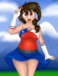 Size: 2217x2880 | Tagged: safe, artist:an-tonio, oc, oc only, oc:chilenia, human, pony, belt, chile, clothes, cute, happy, humanized, humanized oc, miniskirt, moe, mountain, nation ponies, ocbetes, peace sign, ponified, shirt, skirt, skirt lift, solo, thighs