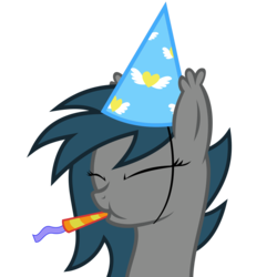 Size: 1475x1475 | Tagged: safe, artist:the smiling pony, oc, oc only, oc:speck, bat pony, pony, g4, bust, eyes closed, hat, party hat, party horn, portrait, simple background, solo, transparent background