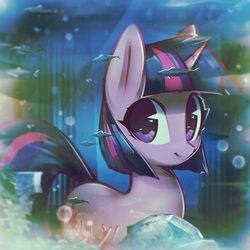 Size: 1202x1202 | Tagged: safe, artist:mirroredsea, twilight sparkle, fish, pony, unicorn, g4, alternate hairstyle, aquarium, bubble, cute, female, looking at you, mare, solo, twiabetes, unicorn twilight, water