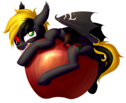 Size: 2589x2125 | Tagged: safe, artist:meowcephei, oc, oc only, oc:shade demonshy, bat pony, pony, apple, food, high res, simple background, solo, transparent background, ych result