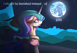 Size: 4320x3000 | Tagged: safe, artist:plushielover, princess celestia, princess luna, alicorn, pony, g4, banishment, based on song and pmv, blue colors, bust, female, full moon, mare, mare in the moon, moon, night, stars