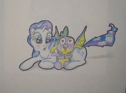 Size: 688x509 | Tagged: safe, artist:hillbe, rarity, spike, dragon, g4, blushing, female, heart eyes, male, ship:sparity, shipping, straight, traditional art, wingding eyes, winged spike, wings