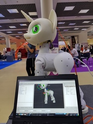 Size: 1620x2160 | Tagged: safe, sweetie belle, human, robot, sweetie bot project, g4, 3d print, computer, irl, irl human, laptop computer, photo, proto3, sweetie bot