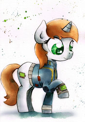 Size: 1600x2300 | Tagged: safe, artist:mashiromiku, oc, oc only, oc:littlepip, pony, unicorn, fallout equestria, clothes, commission, cutie mark, fanfic, fanfic art, female, hooves, horn, jumpsuit, mare, pipbuck, raised hoof, solo, traditional art, vault suit, watercolor painting